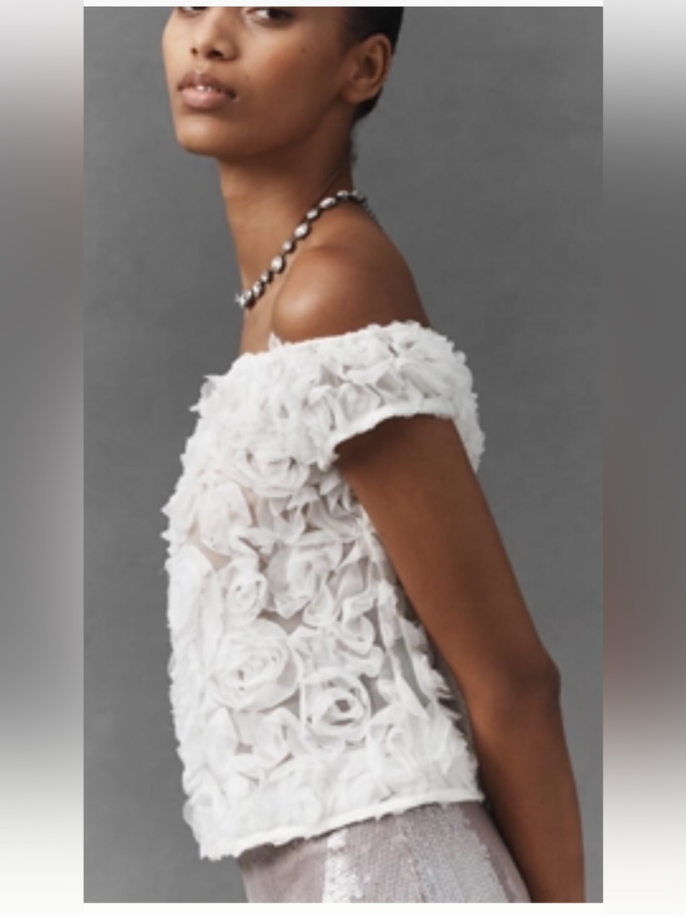 NWT Anthropologie White Off-Shoulder Rosette Lace Texture Top, sz Large